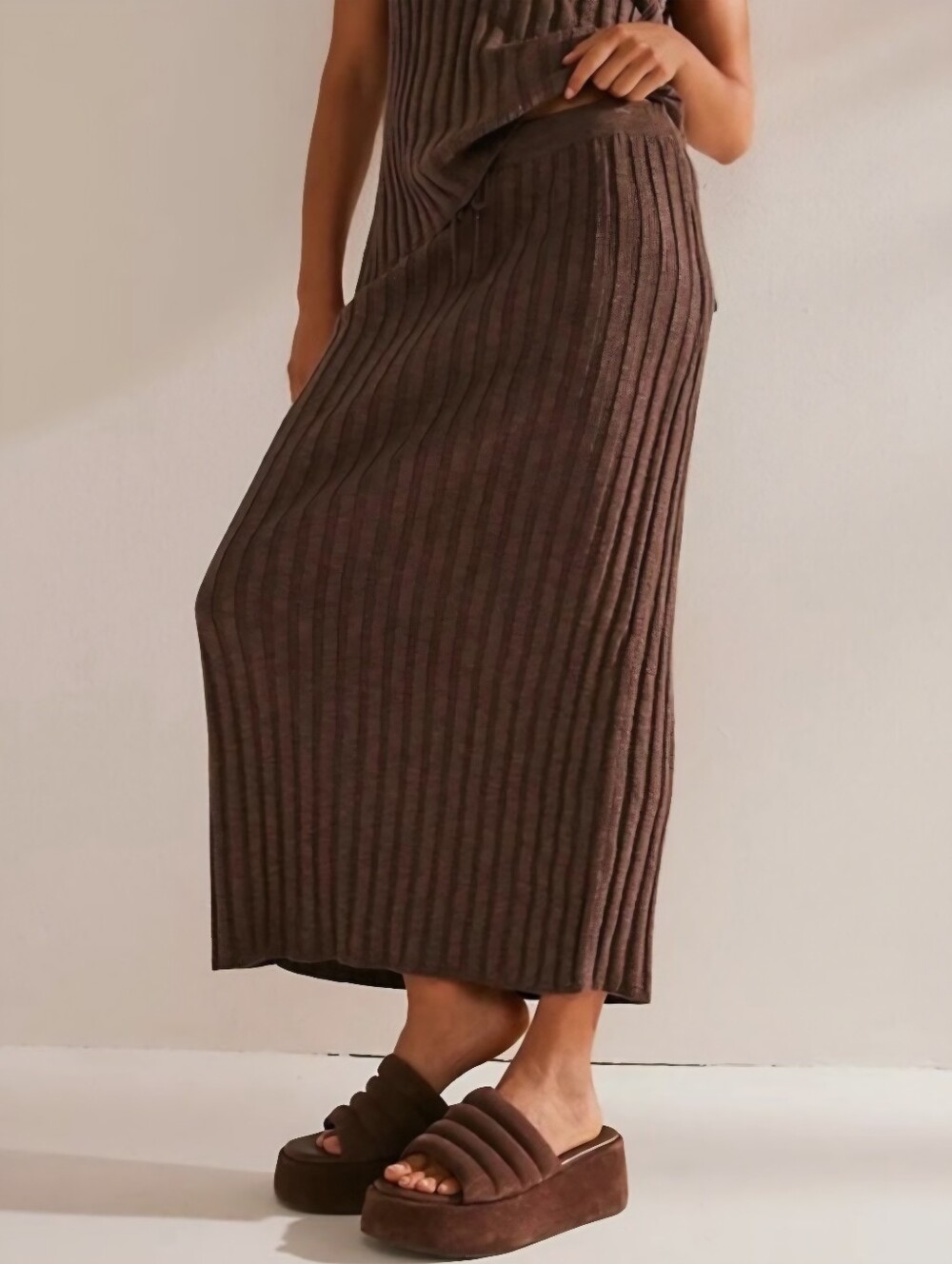 Free People FP Beach Brown Veda Ribbed Knit Midi Sweater Skirt